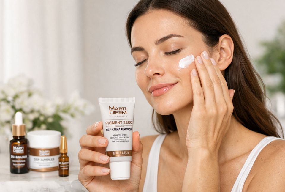 devojka stavlja martiderm pigment zero kremu za hiperpigmentaciju